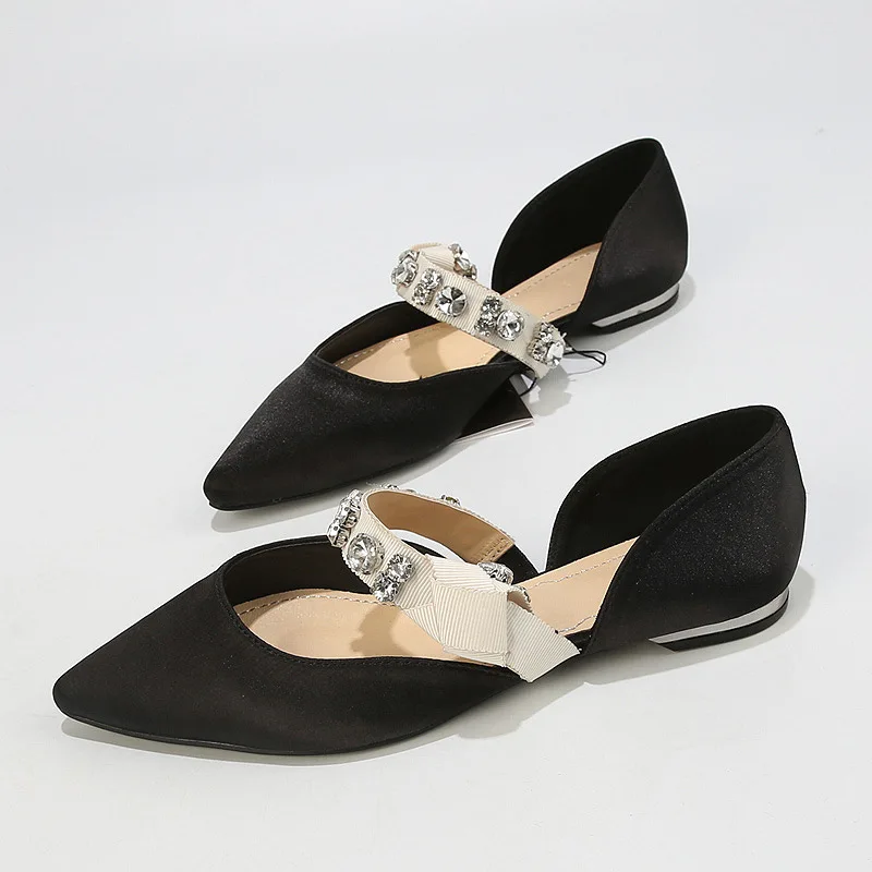 

ENPLEI Summer Black Silk Mary Jane Shoes For Women Pointed Toe Buckle Strap Women Flats Luxury Crystal Wedding Shoes Woman
