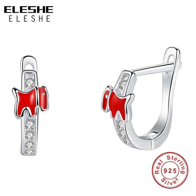 

ELESHE 2019 New Fashion Hoop Earring Cute Red Enamel Puppy Dog Earrings Crystal 925 Sterling Silver Earring for Child Kids Baby