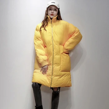 

2018 Winter Women Thick Down Jacket Female Stand Collar White Duck Down Coat Ladies Warm Loose Middle Long Outwear Pocket F785