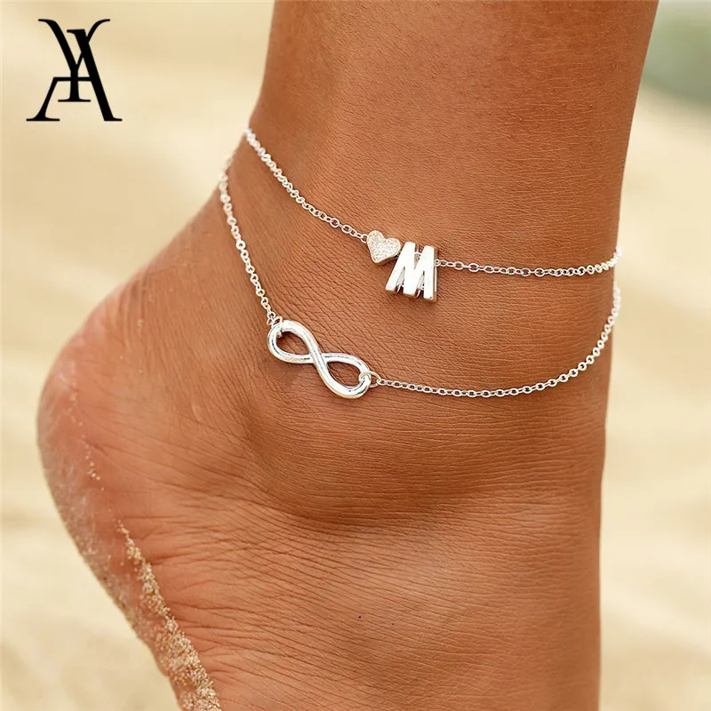Boho Double Layers DIY Name Initial Letter Anklets For Women Silver Color Heart Infinity Ankle Bracelet Foot Jewelry Accessories Boho Double Layers DIY Name Initial Letter Anklets For Women Silver Color Heart Infinity Ankle Bracelet Foot Jewelry Accessories