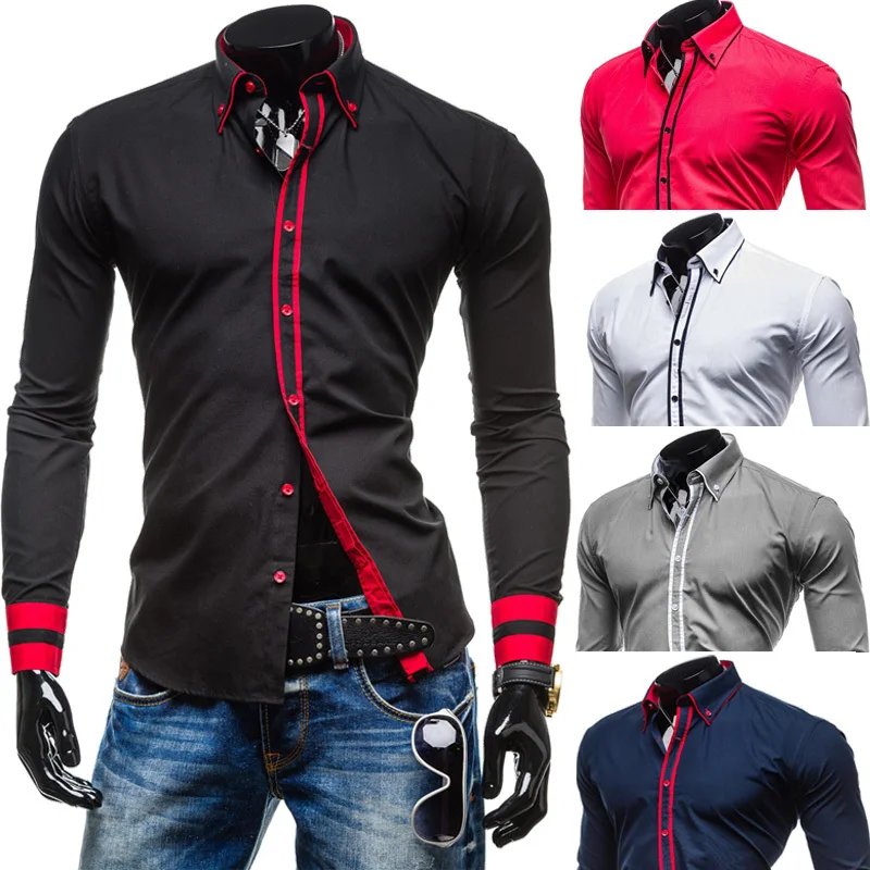 2015 New Mens Long Sleeved Dress Shirts Double Collar Button Unique ...