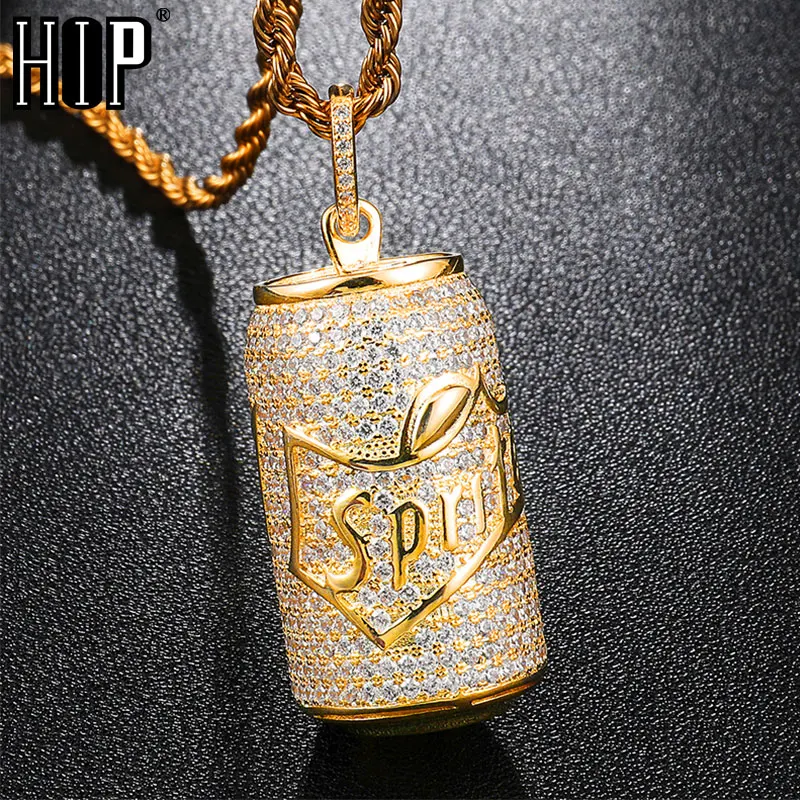 

Hip Hop Bling Full Iced Out Cubic Zircon Sprite Bottle Copper Gold Color Pendant & Necklace For Men Women Jewelry