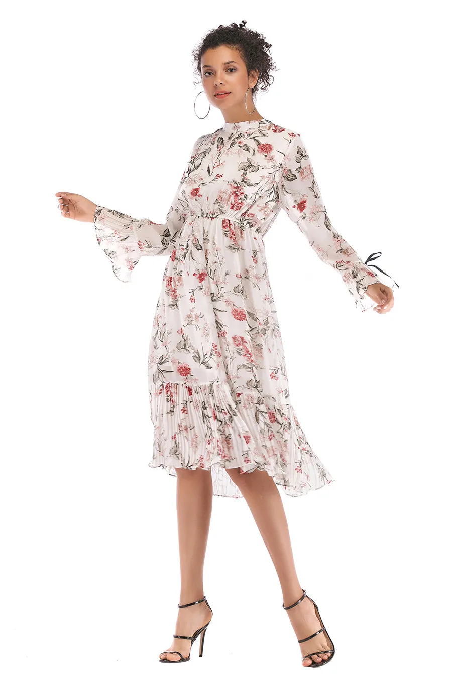 Gladiolus Floral Print Spring Autumn Women Dress 2019 O-Neck Lace Up Flare Sleeve Tunic Chiffon Dress Women Midi Party Dresses (23)