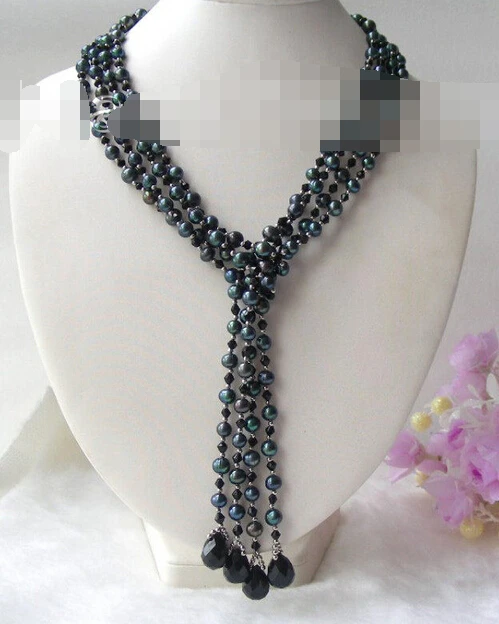 

HOT N349 GENUINE 2piece 52" 7mm round black freshwater pearls & new necklace