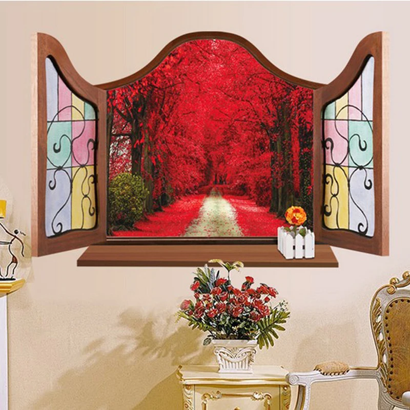 3D Wall Stickers Wall Decals Style Outside The Window Red Forest trail