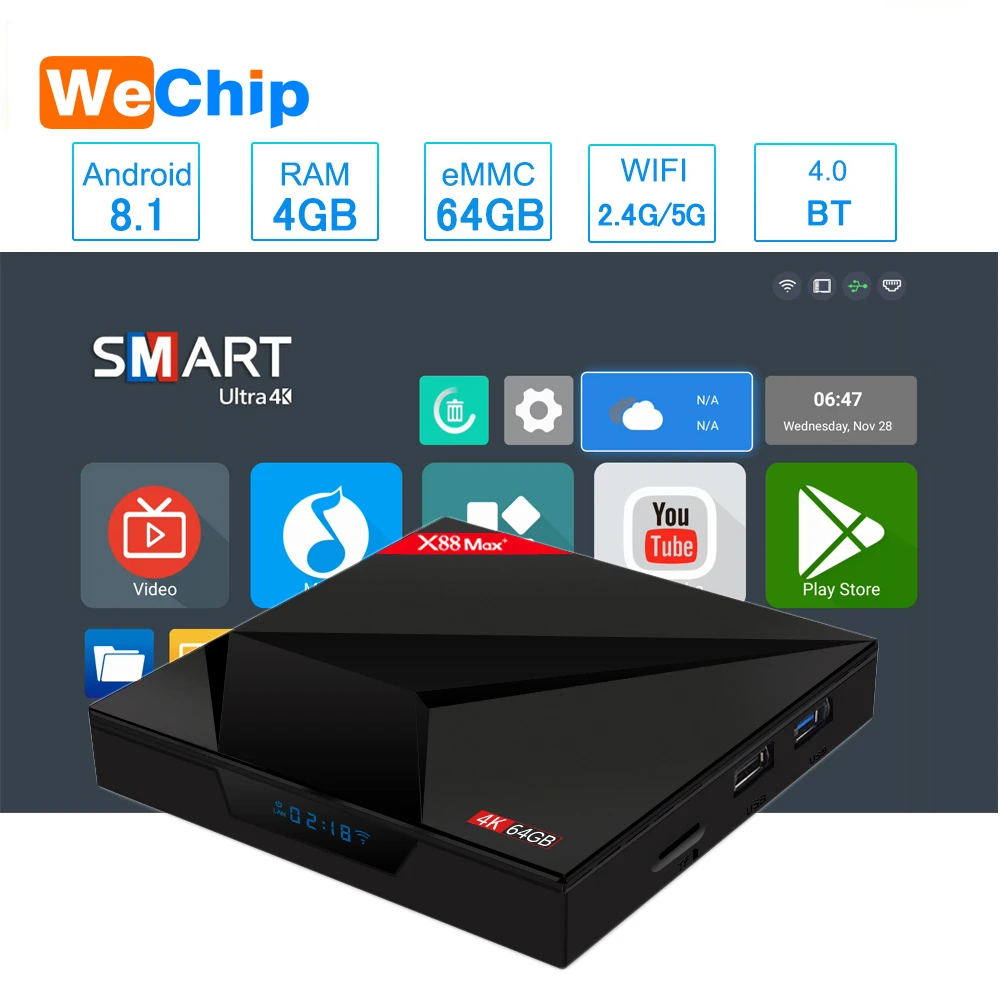 Smart tv box Android 8,1 4 Гб 64 Гб 2,4G/5G Wifi RK3328 Penta-Core BT V4.0 4K HD add type-c USB X88 Max+ Ott плеер PK H96 max
