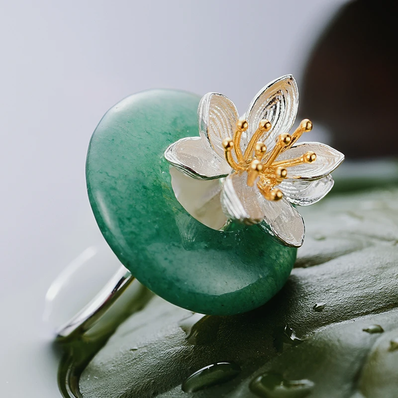 Lotus Fun Solid 925 Sterling Silver Rings for Women Round Green Chalcedony Flower Finger Ring Resizable Band Fashion Jewelry