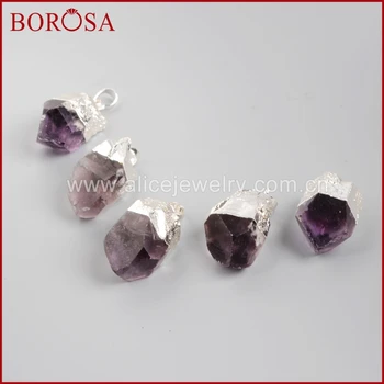 

BOROSA 10pcs Silver Color Natural Hexagon Purple Crystal Faceted Point Pendant Bead for Necklace Making Gems Jewlery S0989