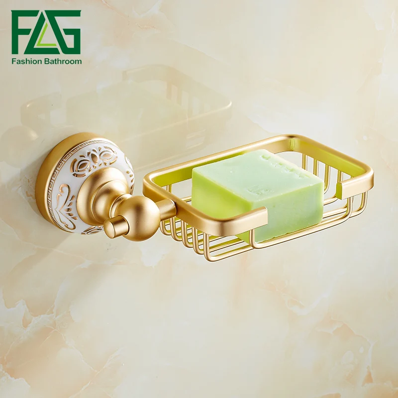 

FLG Soap Dishes Soap Holder Space Aluminum Gold Finish With Ceramics Soap Box Bathroom Accessories