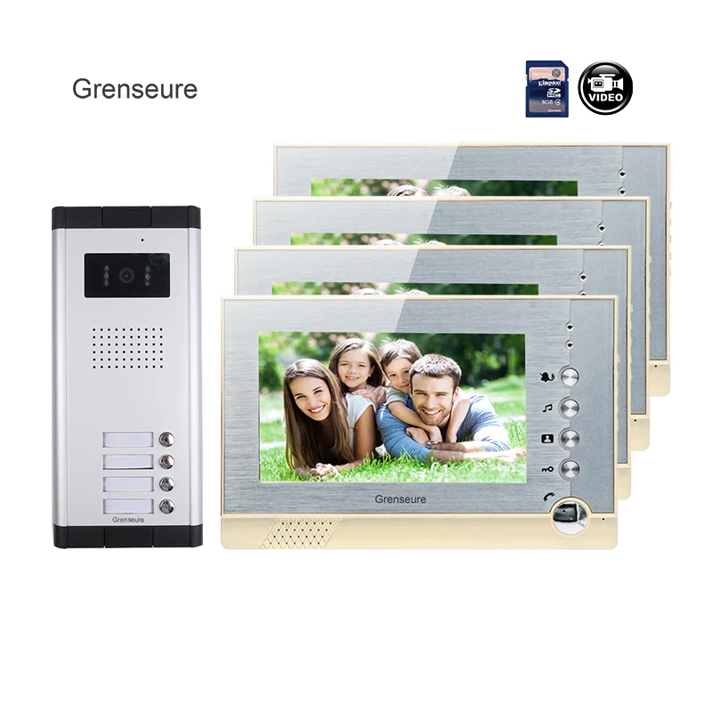 

Fress Shipping 7" Color Screen Video Door Phone Intercom System + 4 Recording Monitors + 1 Doorbell Camera for 4 Family In Stock