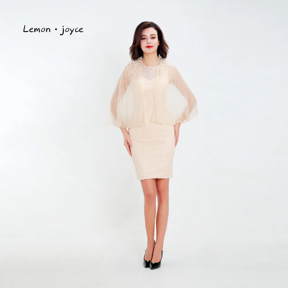 Lemon joyce Элегантное коктейльное платье простая линия ампир плащ жемчуг перья длиной до колена Короткие вечерние платья - Цвет: Champagne