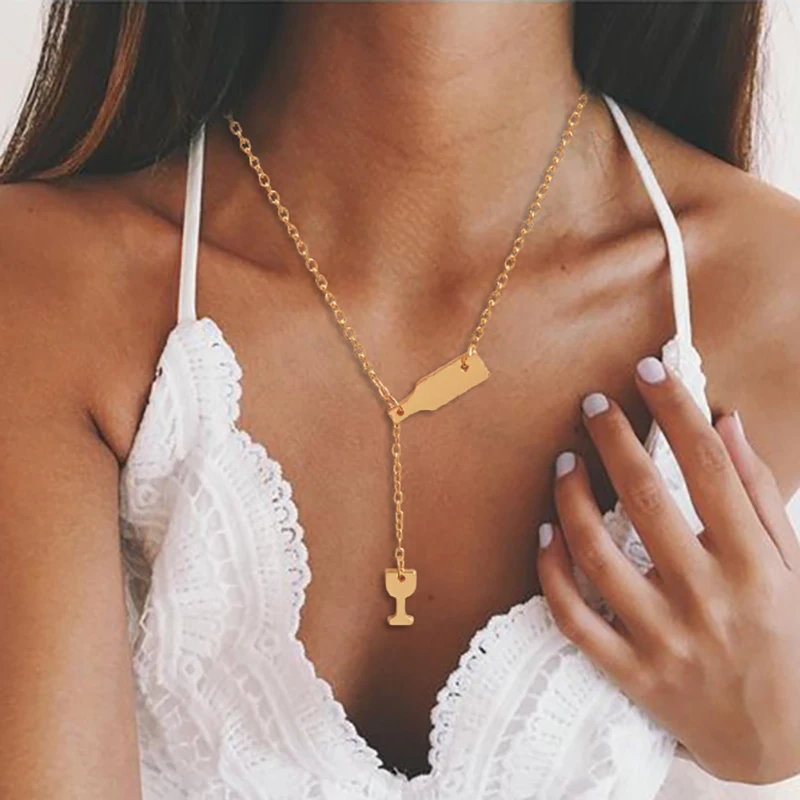 

SRCOI Gold Color Bottle Wine Necklace Long Pendant Dainty Geometric Metal Lariat Y Chain Beer Wine Jewelry Accessories Gifts
