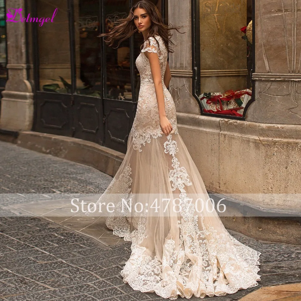 Detmgel Vestido de Noiva аппликации О-образным вырезом Кнопка Русалка Свадебные платья пояса бисером съемный шлейф труба невесты платье