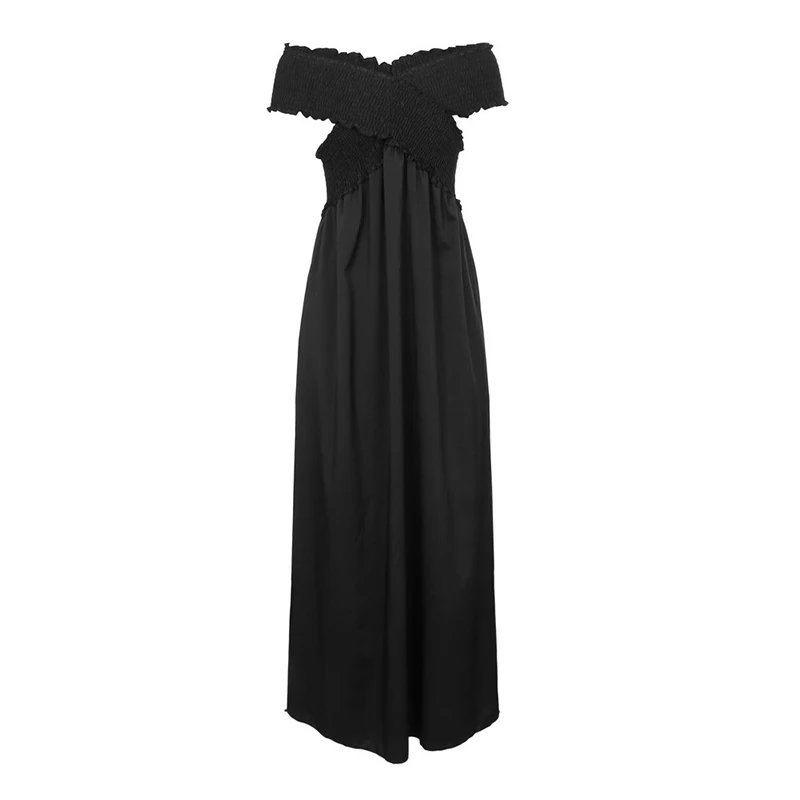 Sexy Women Maxi Dress Off The Shoulder V Neck Solid Color Pocketed