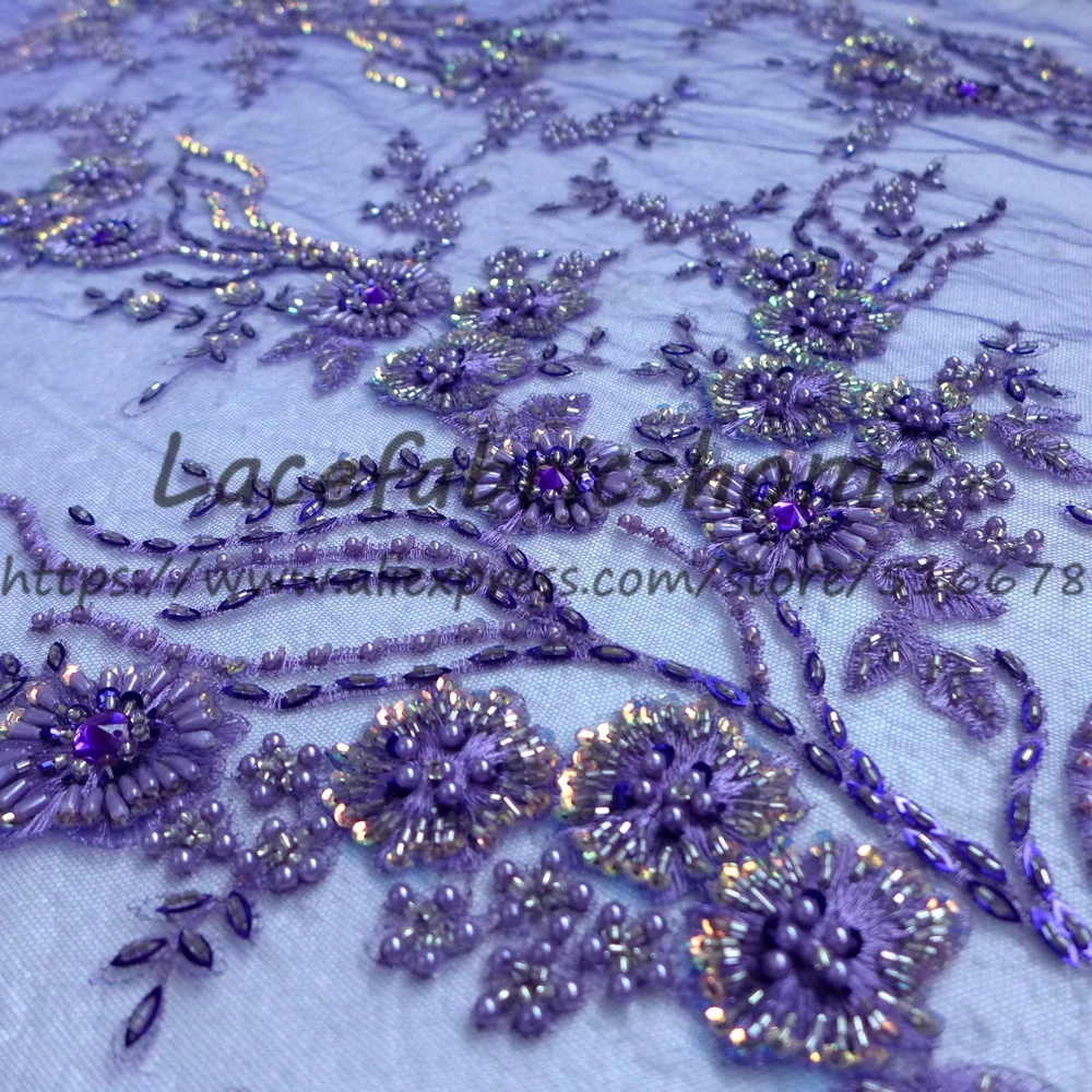 One yard 130cm purple heavy beaded on net embroidery wedding bridel