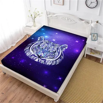 

White Tiger Print Bed Sheet Cool Animal Pattern Fitted Sheet 3D Galaxy Sheets Soft Bedclothes Mattress Cover White Purple