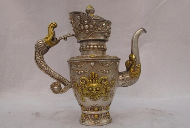 

song voge gem S0729 Tibet White Copper Silver Gild Garuda Dragon Head Flagon wine pot Teapot