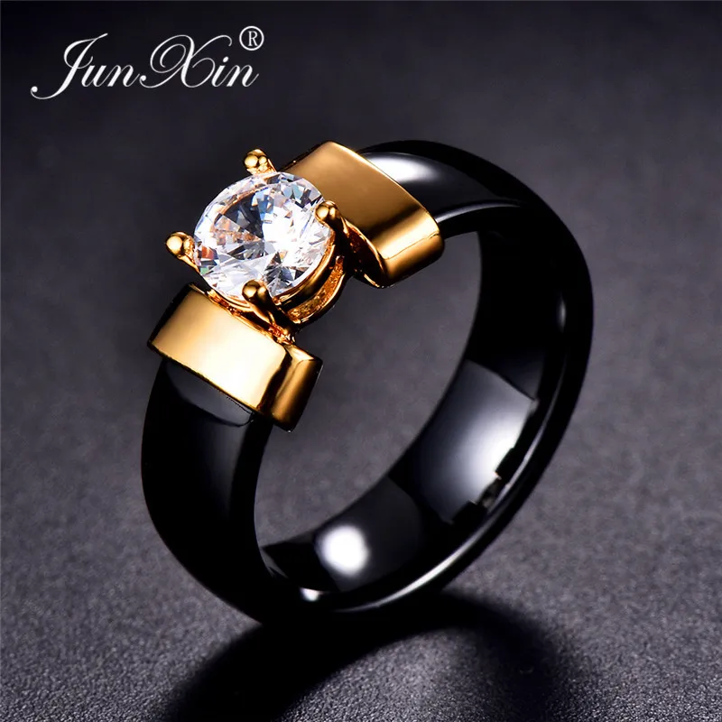 JUNXIN Female Male Black White Ceramic Rings For Couples Silver Gold Metal Round Zircon Crystal Wedding Rings For Men Women Gift