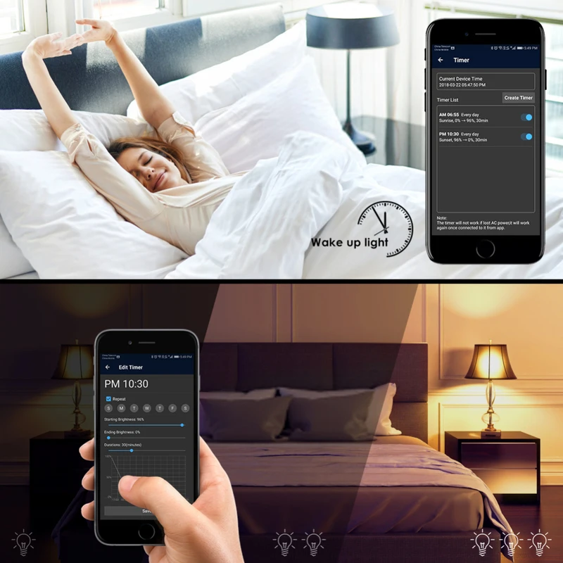 Wifi-патрон, умный свет лампы E27 диммируемая Светодиодная лампа многоцветная Wake-Up гнездо не требуется Совместимость с Amazon Alexa и Google Assistant