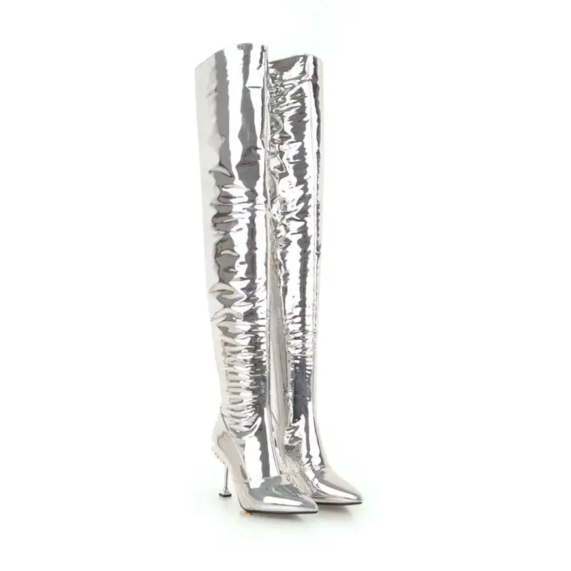 Otoño rojo Tacones Zapatos De Mantener Sólido Sexy Rodilla Hot 2018 Caliente Aguja Charol La Sobre Botas plata Invierno Morazora Muslo Alta blanco Negro 7cRaZva