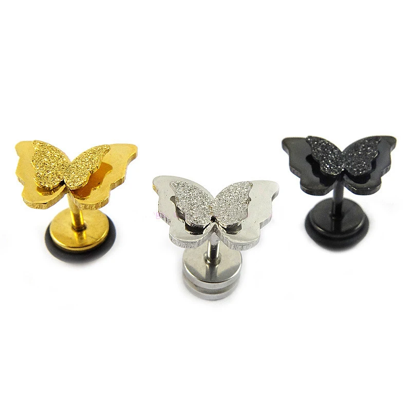 

Frosted Double Butterfly Ear Studs Stainless Steel Earrings For Women Gold Best Jewelry Cute Baby Gift Bijoux DH36
