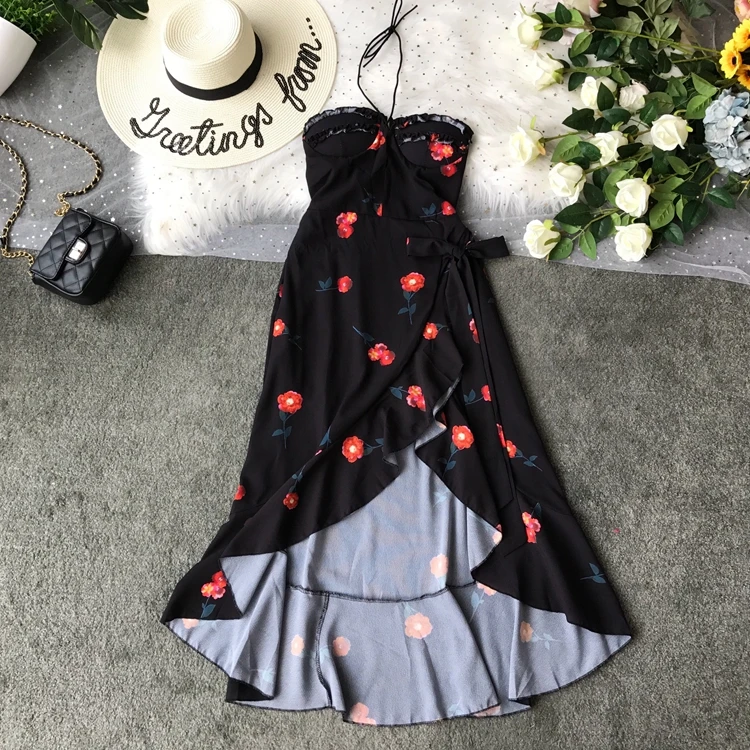 

Beach Holiday Wind Suspender Sexy Chest-wrapped Bandage Slender and Irregular Chiffon Fragmented Medium-length Dresses