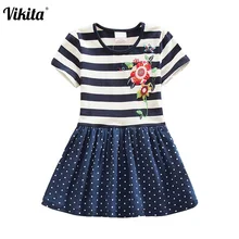 VIKITA платье с цветочным рисунком для девочек; детское летнее платье для девочек; детская одежда с короткими рукавами; хлопковая одежда в горошек с цветочным рисунком и в полоску для девочек