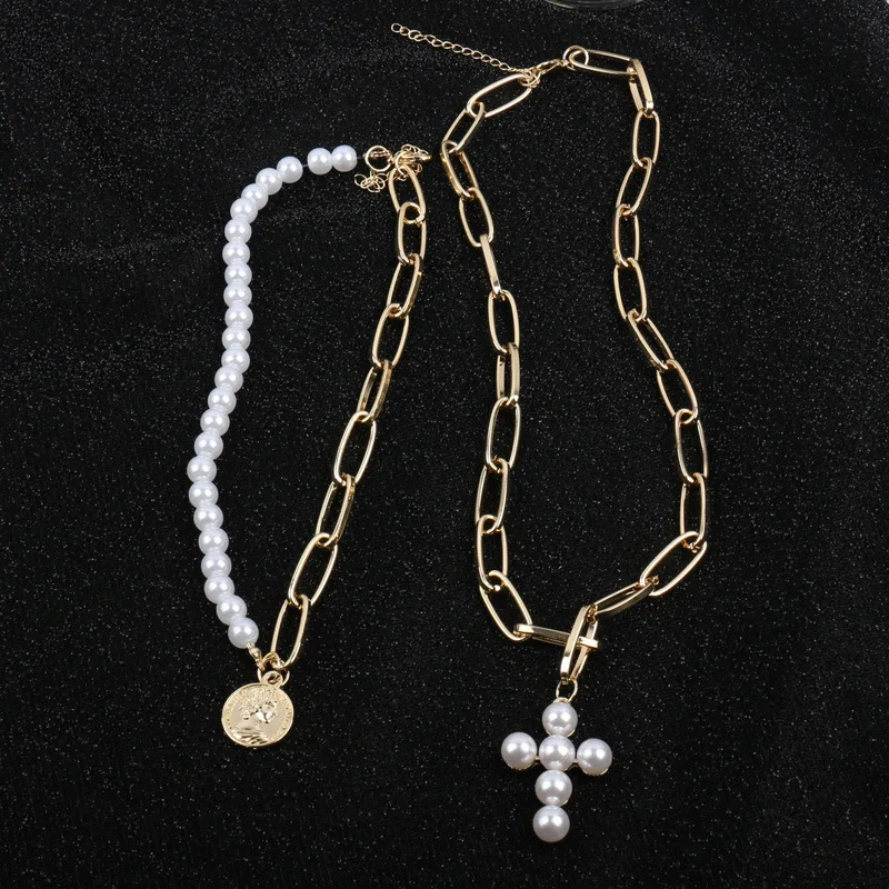 Роскошный дизайн имитация жемчуга женское колье, чокер крест кулон ожерелье s для женщин золотой цвет модные ювелирные изделия с чеканкой