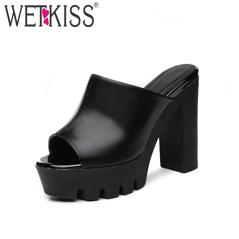 

WETKISS High Heels Women Mules Shoes New Rome Summer Fashion Slides Female Shoes Peep Toe Platform Square Heels Ladies Slippers