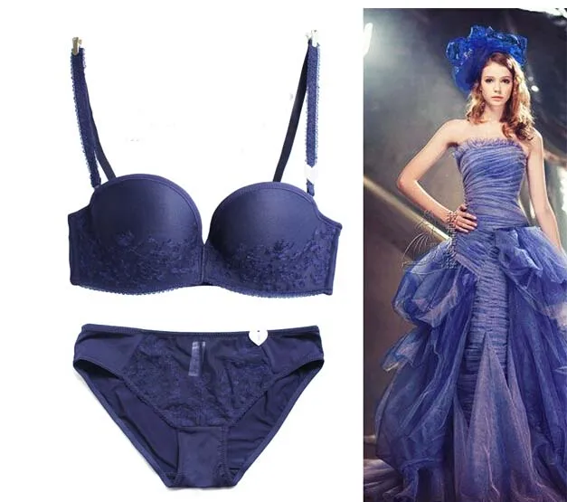 Goedkoop Borduurwerk push up geen schouder tape antislip sexy formele kleding beha set bruiloft verstelbare