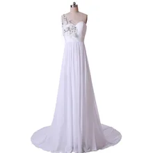 2017 Elegant One Shoulder Beach Wedding Dresses Flower Pearls Crystals Chiffon Floor Length Bridal Gowns Custom Size