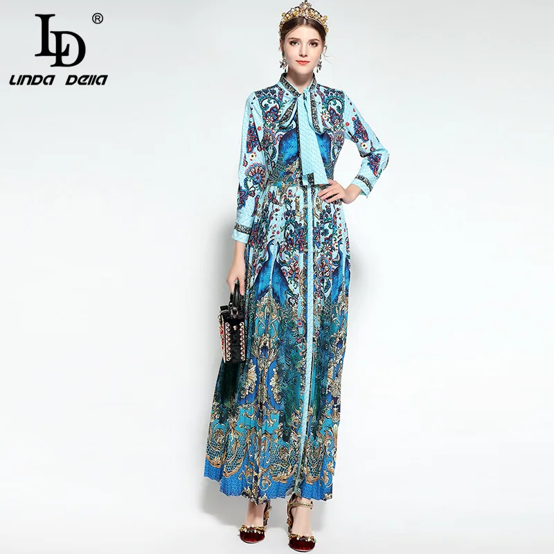 

LD LINDA DELLA Fashion Designer Runway Maxi Dress Women's Long Sleeve Bowknot Tie Floral Print Draped Pleated Vintage Long Dress