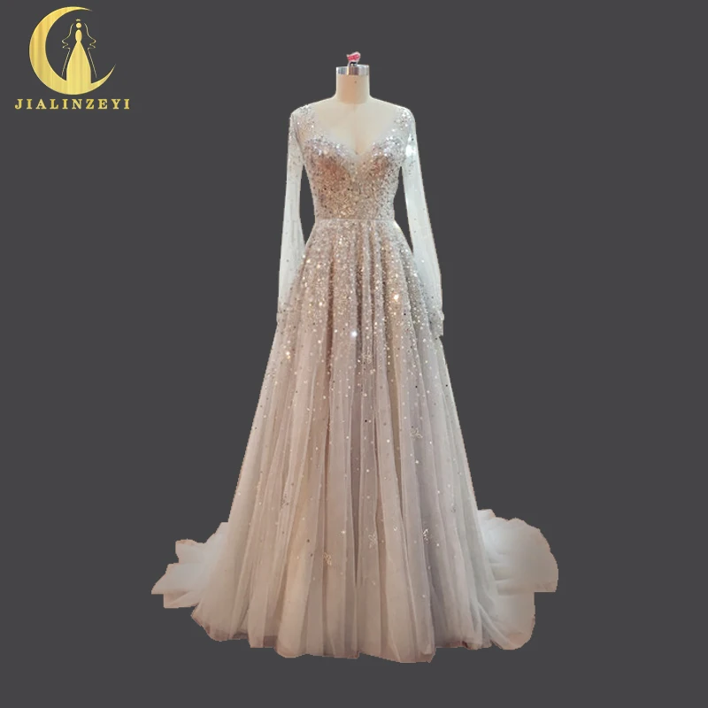 

JIALINZEYI Real Image Luxurious beads Sequins Long Sleeves Grey Open Back Fashion Party Formal Dress evening Dresses