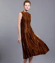 Changpleat Summer Dress Metallic Luster Design Miyake Pleated Stand collar Sleeveless Dresses For Women Black Big Swing Dress