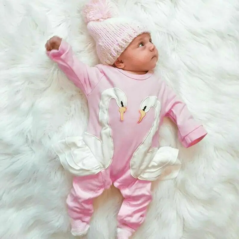 Newborn Infant Clothes Baby Girls Romper Cartoon Swans Jumpsuit
