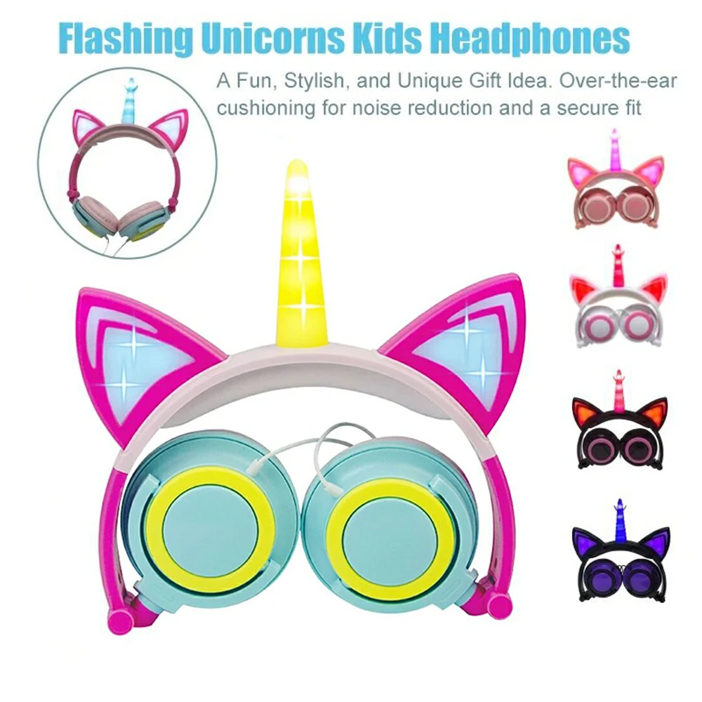 

TEAMYO Wired Foldable Earphones Gaming Headset Earphone Unicorn Headphones Animal Cat Ear Flashing Unicorn Headphones for Kids