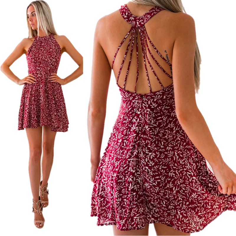 

Fashion Floral Print Beach Party Wrap Dresses 2019 Summer Hollow Out Sexy Backless Halter Cover-ups Dress Sweet Cute Woman Dress