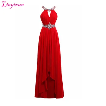

Linyixun Real Photo New Arrival Galajurken Red Chiffon Long Prom Dresses 2017 Backless Rhinestone Beading Formal Evening Gowns