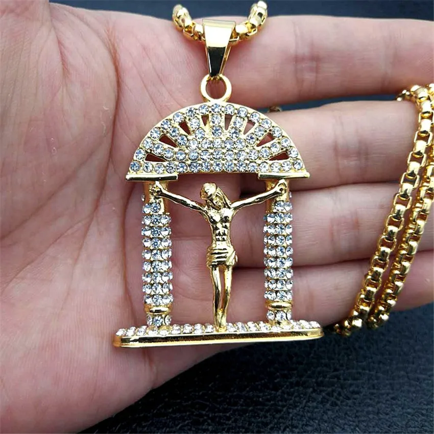 Мужские ювелирные изделия в стиле хип-хоп, с изображением Иисуса Христа, ожерелье из нержавеющей стали золотого цвета, подвесной крест с распятием, ожерелье для мужчин