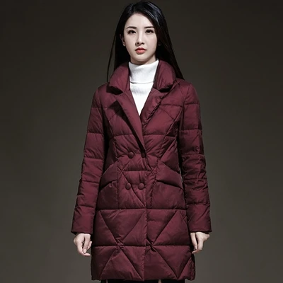 Wine red Зимний женский модный пуховик, женский длинный большой размер, теплый пуховик, женский двубортный однотонный жакет TN029 - Цвет: Wine red