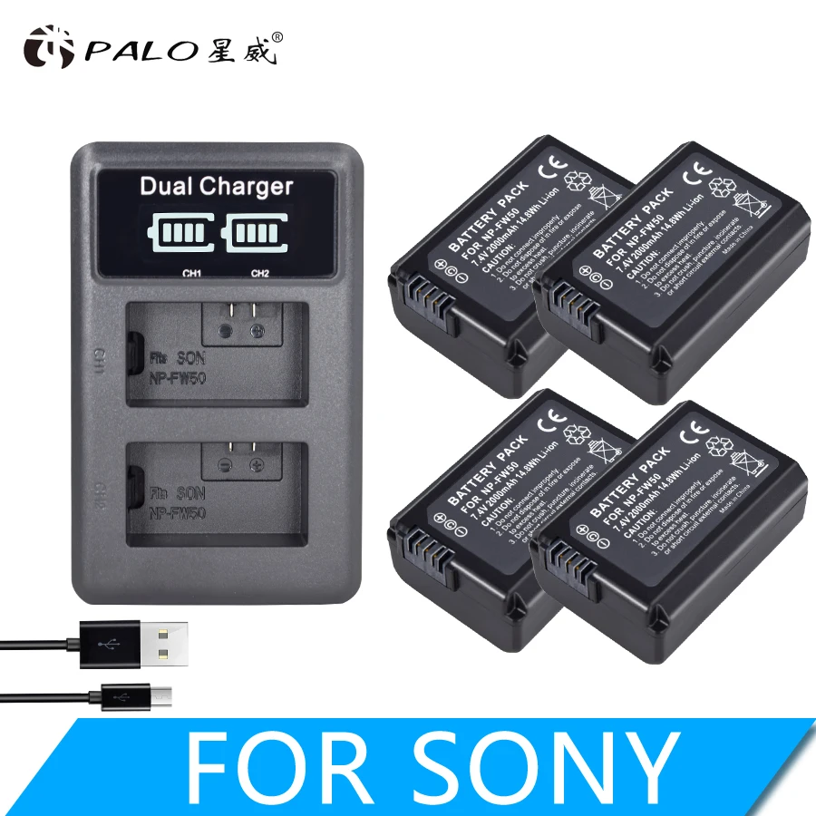 

4 Pcs NP-FW50 NP FW50 FW50 battery + LCD dual USB charger for Sony A6000 5100 a3000 a35 A55 a7s II Alpha 55 Alpha 7 A72 A7R Nex7