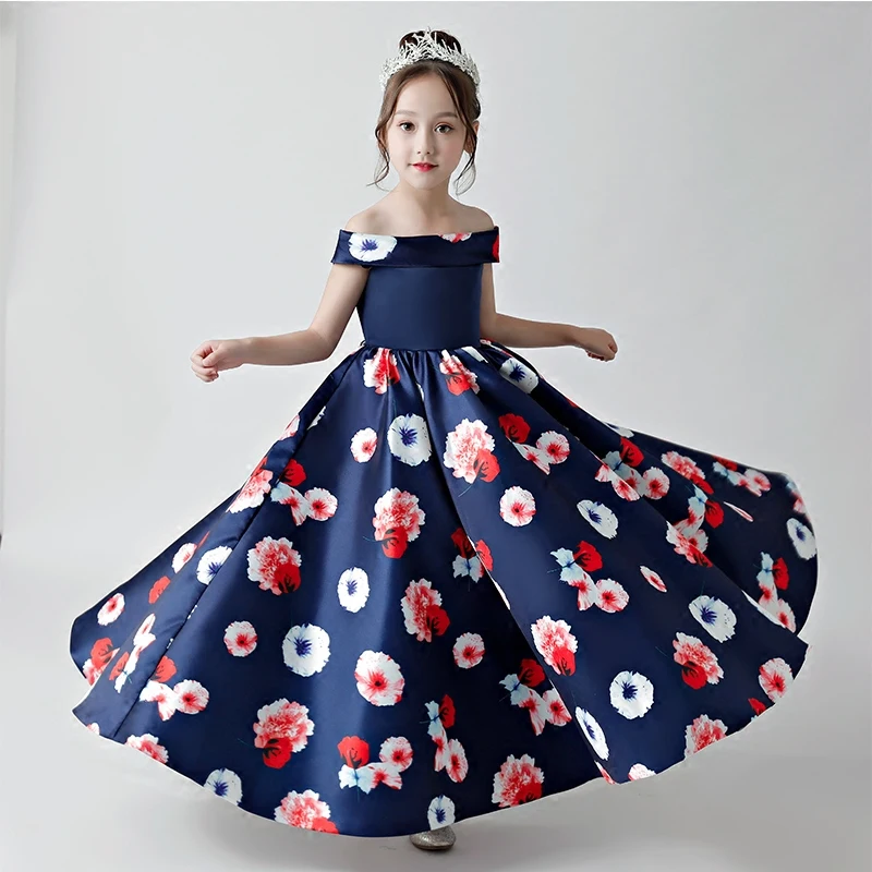 

2018 high-end children girl shoulderless performance piano printing flowers dress model walking show host birthday party dresses
