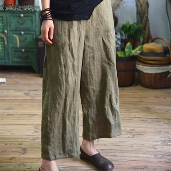 

2020 ZANZEA Summer Pants Women Elastic Waist Solid Trousers Pockets Work Pantalon Palazzo Ladies Plus Size Wide Leg Pant Kaftans