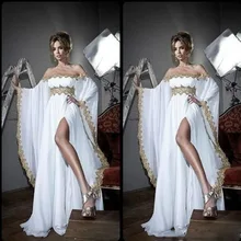 Arabischen Stil Long Sleeves Brautkleider Gold Spitze Appliques Chiffon Abaya Kaftan Abendkleider Mit Hoher Split Slit Party Kleider