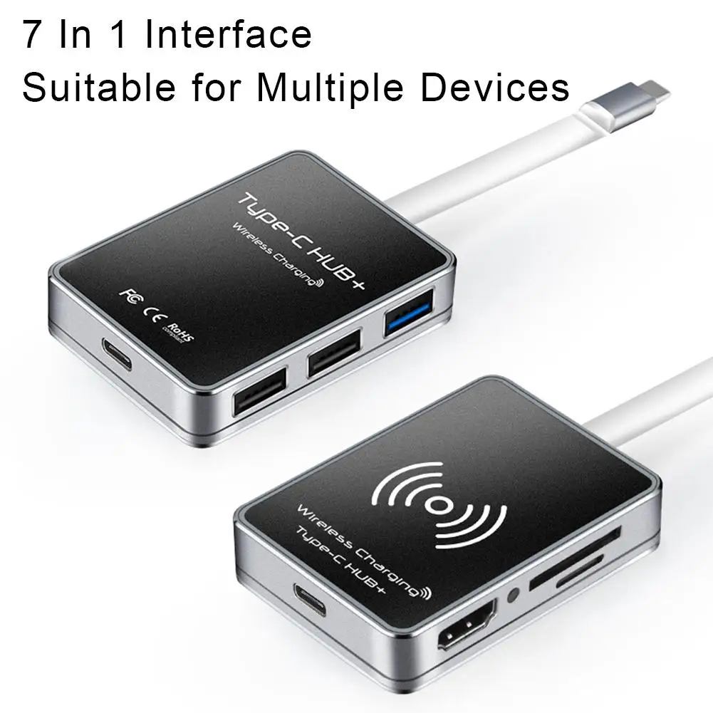 

7in1 USB Hub Expansion Interface Card Reader HDMI/USB3.0/USB2.0/TF/SD Port QI5W Wireless Charging UHD HD Video Expansion HUB