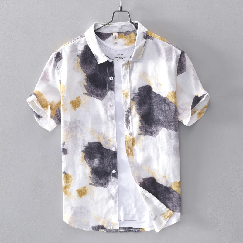 

2019 summer 100% linen Shirt men's short sleeved shirts breathes Cool shirts