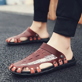 

Outdoor Shoes Men Sandals Leather Summer 2019 Slippers Casual Flat Shoes Soft Comfortable Beach Sandals Water Shoes Wine Red