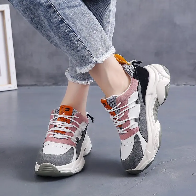 Fujin Women Shoes Spring Thick Bottom Fashion Dropshipping Breathable Muffin Bottom Mixed Colors Lace Sewing Sneakers Women