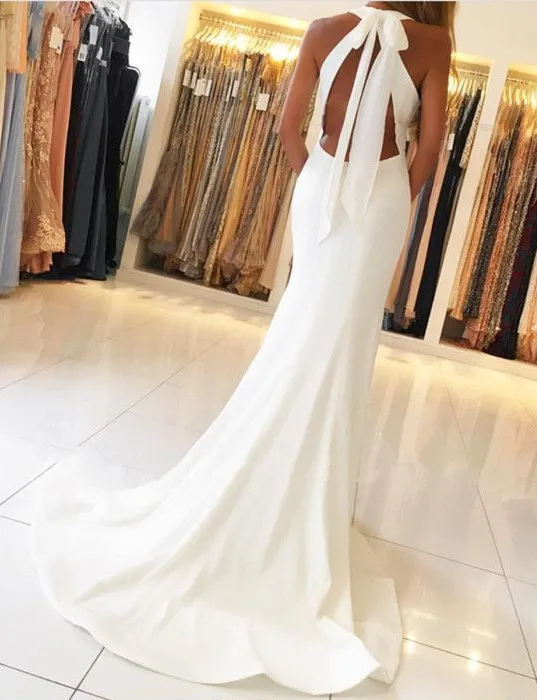 Mermaid Sleeveless Simple Side-Slit Halter Open-Back Evening Dresses 129
