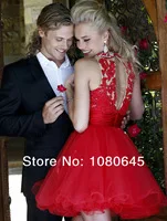 Red Beads Lace Crystal High Neck Open Back Ball Gown Short Mini Girls Club Cocktail And Party Dresses A417